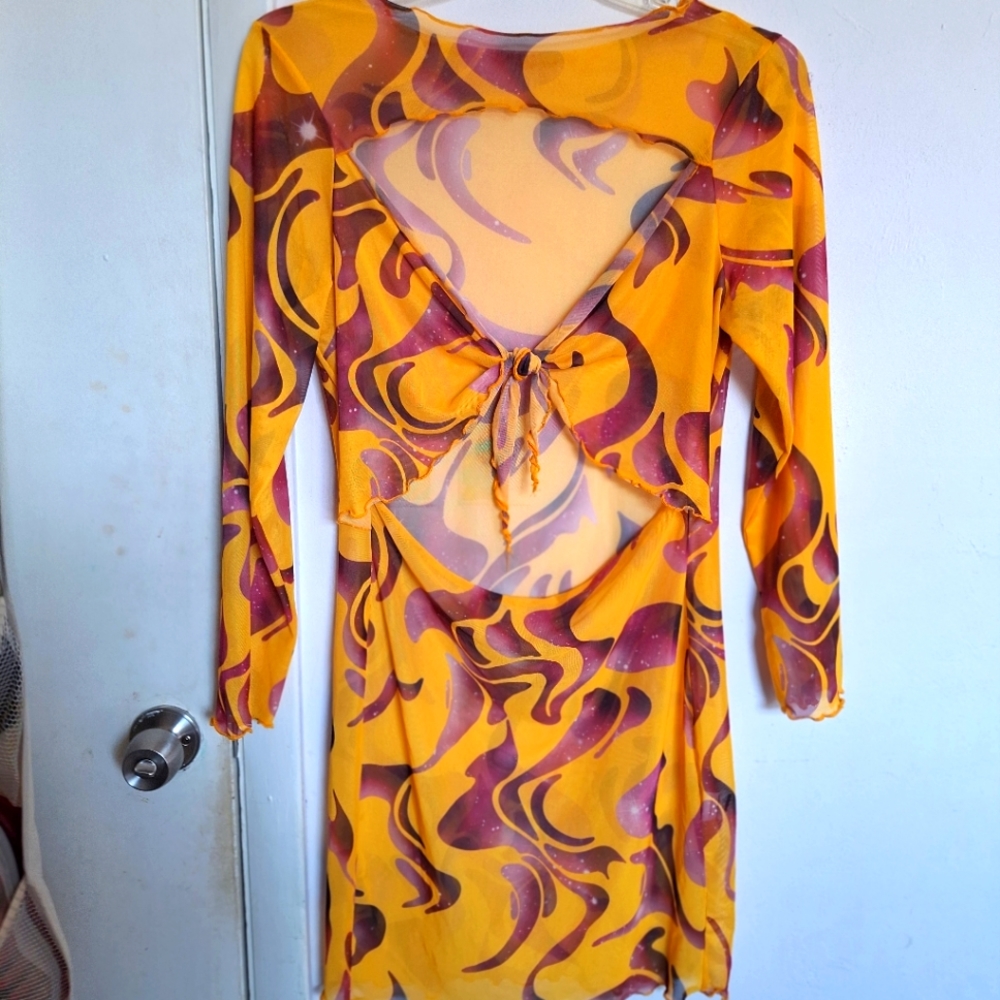 🌼🤎 SHEIN 2XL Yellow Marble Abstract Mesh Cut Out Dress🌼🤎